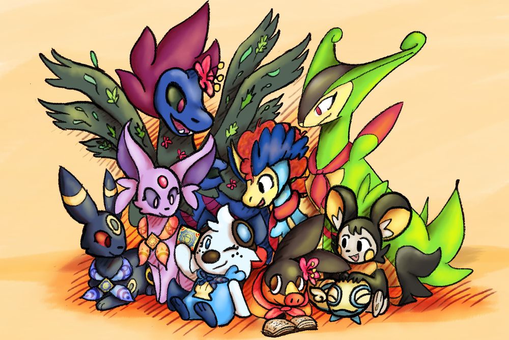 the main cast of gates to infinity sitting together. in the front and center are oshawott hero, who holds up an entercard she made, and tepig partner, looking up from her book. to the left are espeon, umbreon, and hydreigon. to the right are dunsparce, emolga, keldeo, and virizion. the background is a light gold, and the shading is reminiscent of pmd: rescue team dx.
