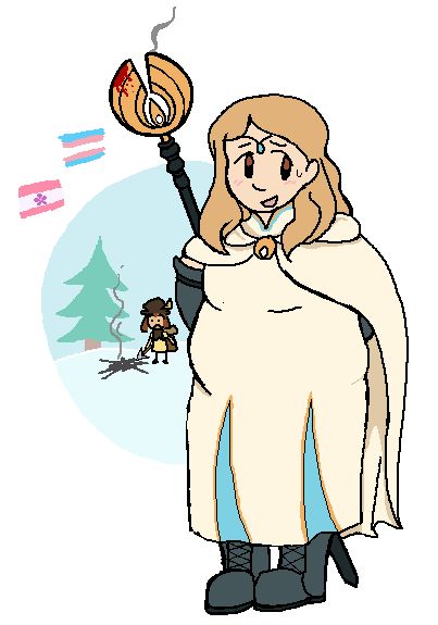 A flat colored drawing of Ophilia looking sheepishly at the viewer, holding her staff behind her back. Behind her is a snowy landscape, tarnished somewhat by what looks to be ashes and smoke from an explosion. Tressa looks at the explosion mark in shock. Ophilia's staff is smoking and has a bloodstain on it. Next to Ophilia are the transgender flag and sapphic flag.