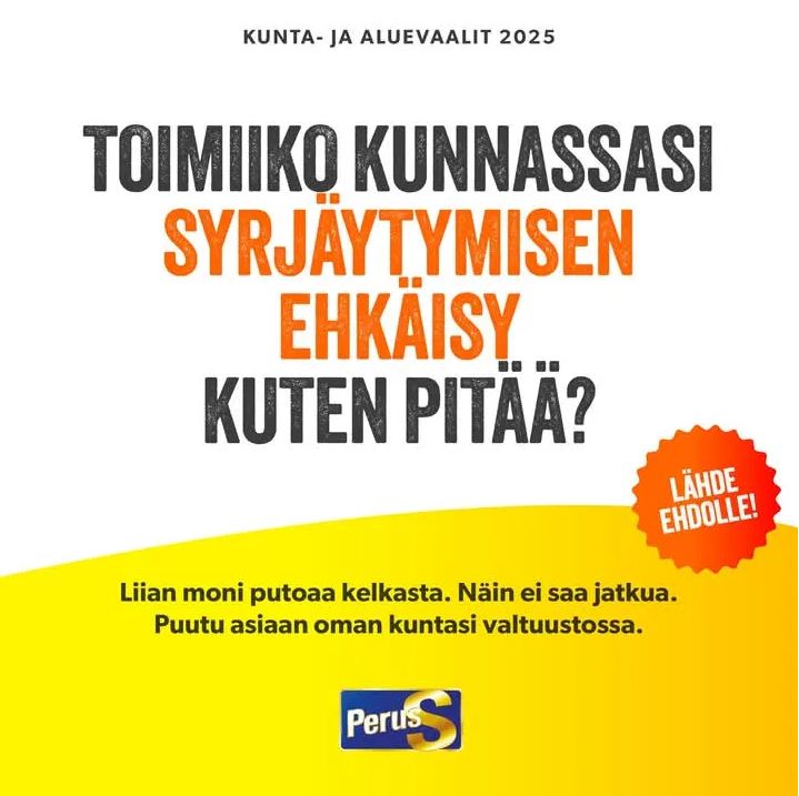 PS kuntavaalimainos, jossa halutaan puuttua nuorten syrjäytymiseen valtuustoissa