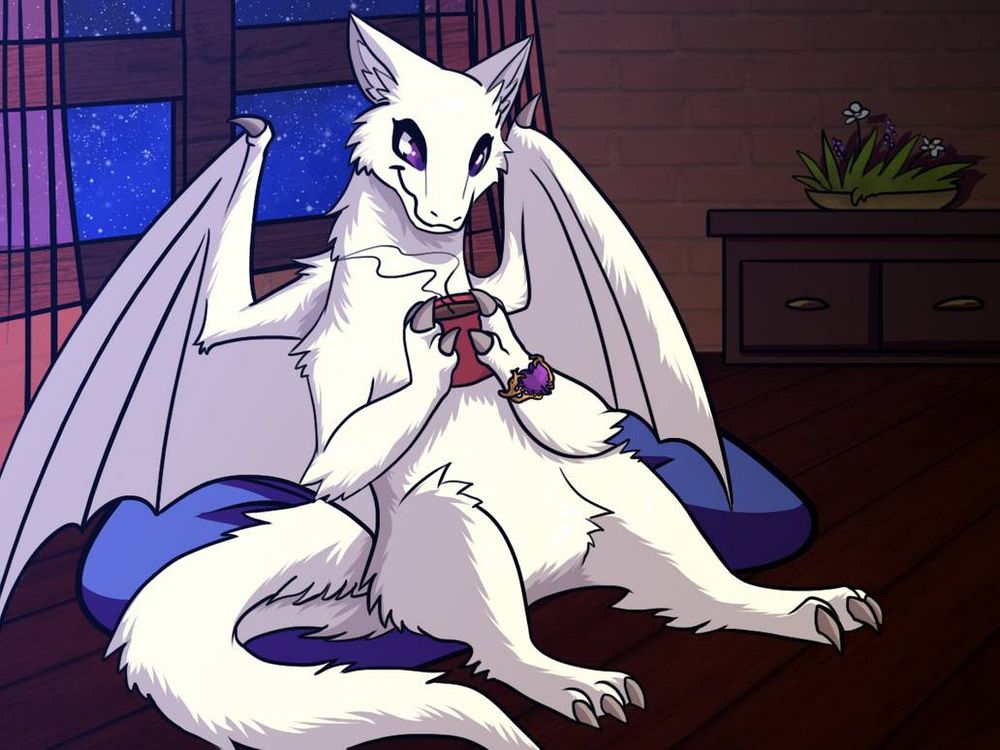 Sitting on a blue cushion on the floor is Lavin, a dragon with white fur and purple eyes. She is holding a cup with steam wafting out from it as the snow falls outside the window of the room she is in. The atmosphere is cozy, her expression content. Despite being a quadraped, she is sitting in an almost human-like manner, a bracelet of golden branches with a purple hem in the shape of a heart rests on her left foreleg. It is nighttime outside, but the atmosphere is nice and cozy.