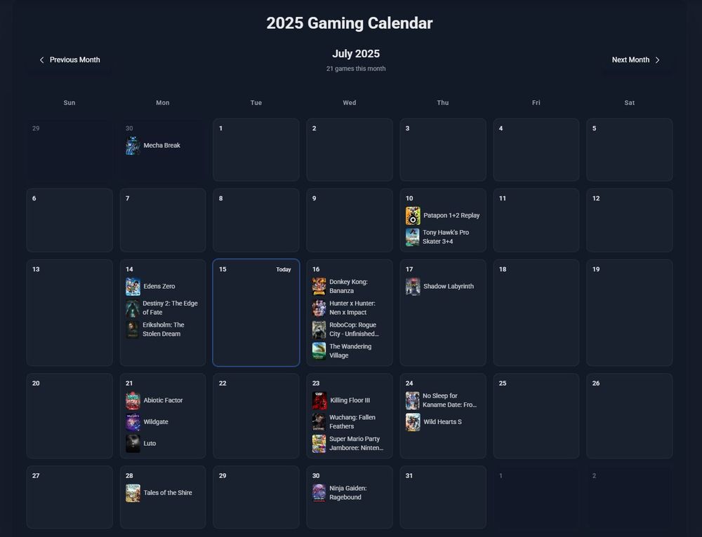 image of the video game calendar on CriticDB with the month of july 2025 releases.
