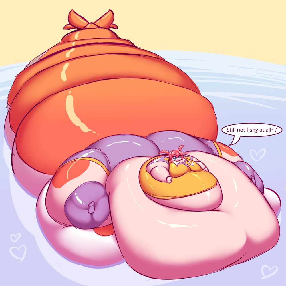 Fat Blob of pink (boy) "shrimptaur" having a huge fat tail of a shrimp, while being in front of a beach barely submerged in the water.