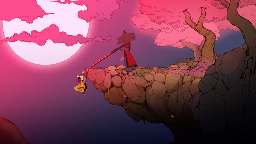 Captura del juego Nine Sols. Un personaje vestido de ronin apunta con la espalda a otro que cuelga de un acantilado, de noche, con luna llena y tonos rosas