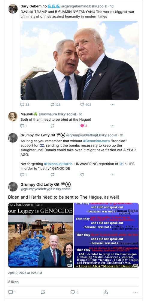 A screenshot of A chain of 4 posts, the last 2 being mine.

Sequence:

‪Gary Gelormino 🌊🌊🌊‬ ‪@garygelormino.bsky.social‬
·
1d
D☭Иald TЯ☭M₽ and B卐JAMIN N卐TANYAHU The worlds biggest war criminals of crimes against humanity in modern times

‪MauraP☘️‬ ‪@msmaura.bsky.social‬
·
1d
Both of them need to be tried at the Hague!

‪Grumpy Old Lefty Git 🏴Ⓐ‬ ‪@grumpyoldleftygit.bsky.social‬
·
1h
As long as you remember that without #GenocideJoe's "ironclad" support for 🇮🇱, sending it the bombs necessary to keep up the slaughter until Donald could take over, it might have fizzled out A YEAR AGO.

Not forgetting #HolocaustHarris' UNWAVERING repetition of 🇮🇱's LIES in order to "justify" GENOCIDE

Grumpy Old Lefty Git 🏴Ⓐ
‪@grumpyoldleftygit.bsky.social‬
Biden and Harris need to be sent to The Hague, as well!

(Attached are 2 memes to support my statement, with ALT texts.)

>>A photo of Palestinian corpses in blue bodybags laid out in a mass-grave trench. A bulldozer is standing by to fill it in. Superimposed, lower-right, Genocide Joe Biden and Kamala Holocaust Harris smile at the camera.

Caption reads
History has been written:
Your legacy is GENOCIDE.<<

and

>>An adaptation of the famous quote from Martin Niemöller. This one says:

First they financed a genocide, and I did not speak out - because I was not a Human Rights activist.

Then they sent riot police to beat up on PEACEFUL student protestors, and I did not speak out - because I was not a student... nor a genocide protestor.

Then they threw Transsexuals under the bus, and I did not speak out - because I was not a Transsexual.

Then they lost an election to a HIGHLY unpopular, felonious, traitorous FASCIST. - and I decided to jump on the bandwagon of blaming Muslim-Americans, students, Human Rights "fanatics", LGBTQ+ People, and Progressives for The Fascist's win.

 ~ Liberal, AKA "Moderate" Democrat
(with thanks to Martin Niemöller, who knew exactly what cowardice looked like)<<
