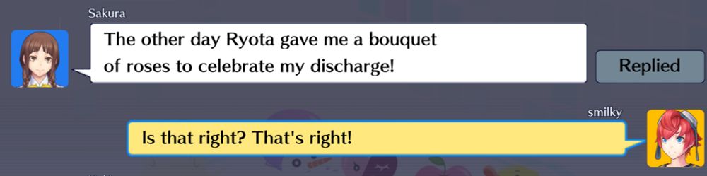 A screenshot of the game Digimon Cyber Sleuth. Text reads "The other day Ryota gave me a bouquet of roses to celebrate my discharge!" Reply: "Is that right? That's right!"
