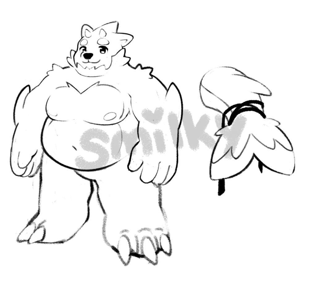 Black and white sketch of an antro character. They're short and have a stocky build.