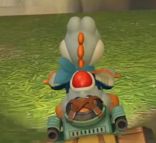 A screenshot from Mario Kart World, showing a white Yoshi on a vehicle, wearing a blue neckscarf.