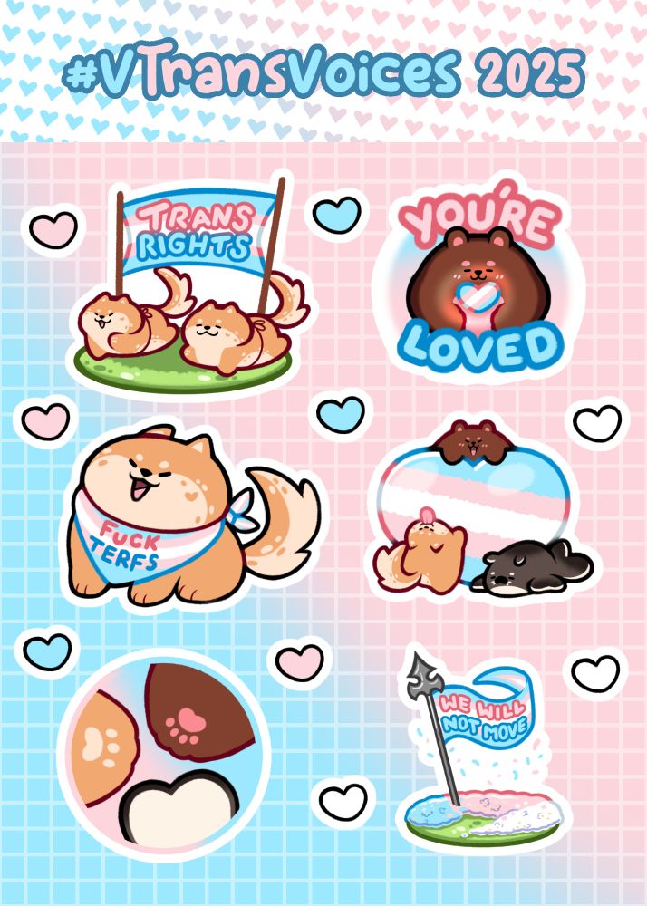 A sticker sheet featuring various trans themed stickers.