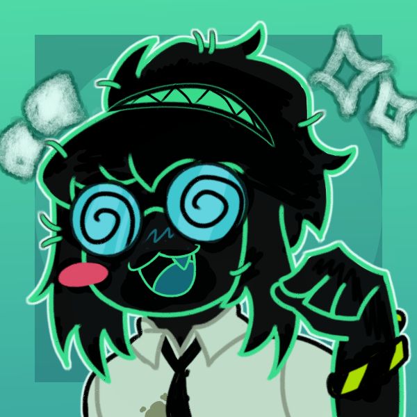 a headshot icon of nerd phi pointing with their hand, with outline and some sparkles around them. their hairmouth has a small outline as well. the borders around them are in the shape of common profile picture variants, because it was drawn on an icon base i made