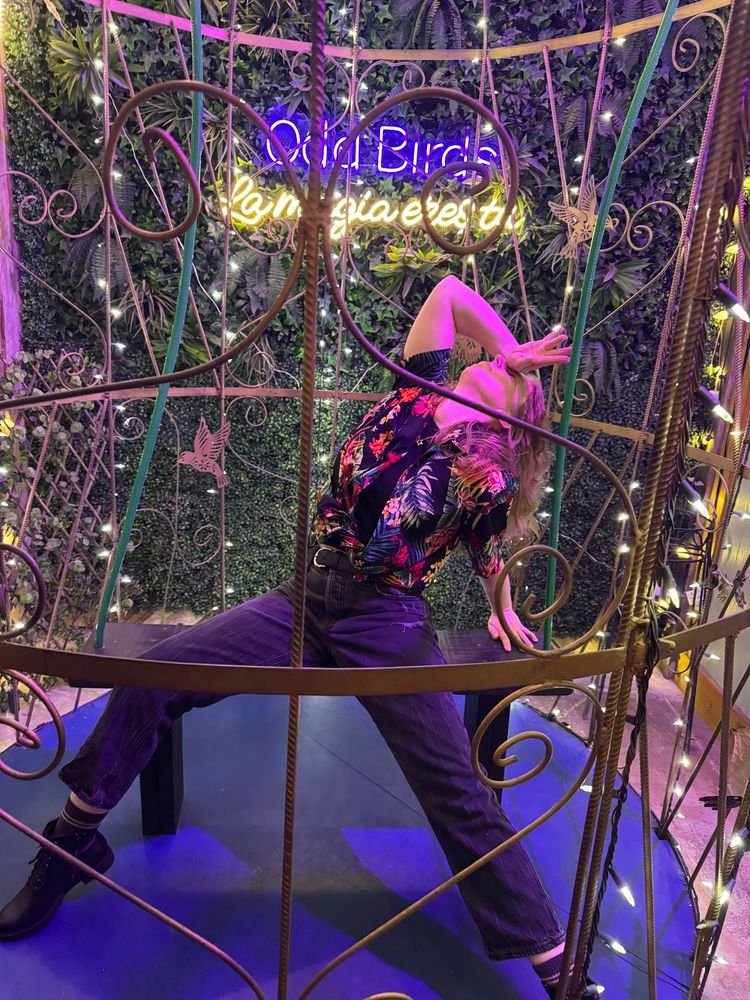 Me flamboyantly posing in a giant bird cage with pink light cascading upon my body
