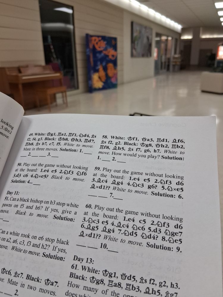 Focused view of a chess book with an unfocused view of an empty mall in the background featuring lights, artwork, and a piano.