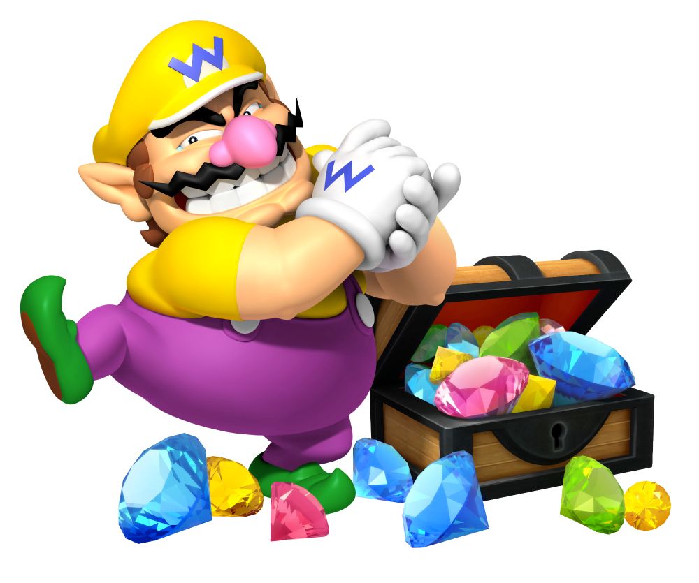 A happy Wario next to a treasure chest filled with gems, and some gemstones scattered about.