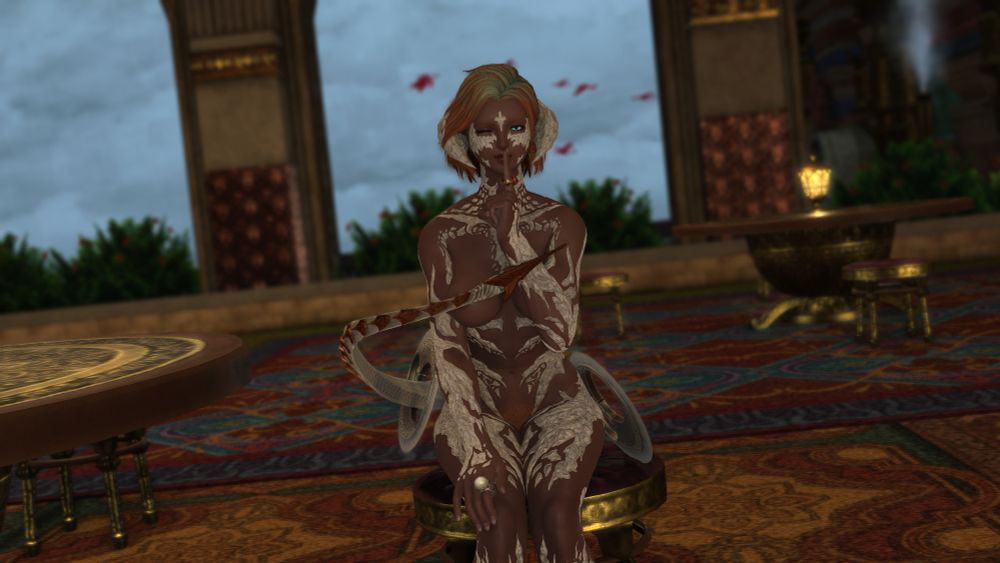 Darbaht shushing the camera in Mehryde's Meyhane. Ever so slightly covering herself with her hand and tail whilst vibrant birds fly in the background.