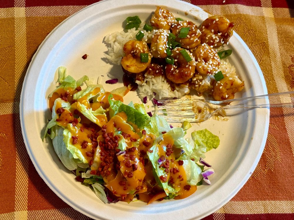 A paper plate on a placemat holding a simple lettuce salad and a small pile of rice topped with brown glazed shrimp. The shrimp are sprinkled with sesame seeds and a few green onion pieces.