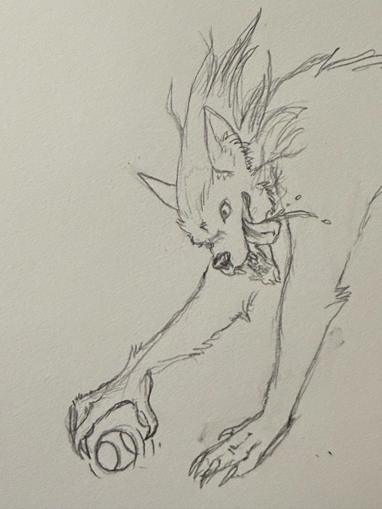 Partial pencil drawing of a werewolf chasing a tennis ball
