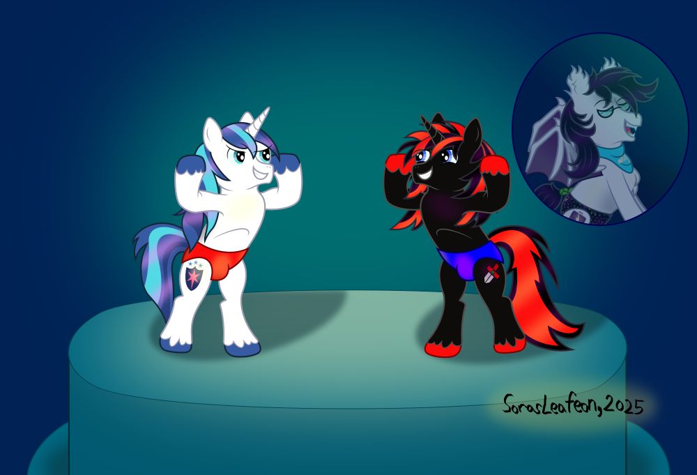 A white unicorn named Shining Armor, from the cartoon My Little Pony: Friendship is Magic, is is flexing his muscles on a round stage or podium, with my original character, a black unicorn named Shadow Sora; all the while an original character belonging to @targetstrike007.bsky.social, a white bat pony named Jolting "JM" Madness is watching them and smiling with his eyes closed. Shining Armor is wearing a red speedo, Shadow Sora is wearing a blue speedo, and JM is wearing a pair of glasses, an electric blue bandana with his initials on it, and a black speedo with amber sparks and an amber Skreedo logo that was originally conceived by @snowstormbat.bsky.social. 