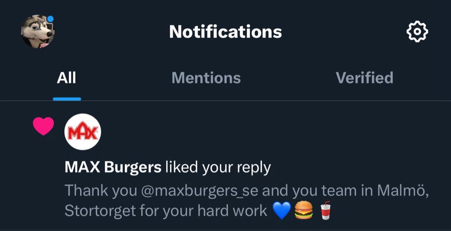 The official X-Account of Max-Burgers liked my post in which  I thanked their branch in Malmö for their hard work. 
