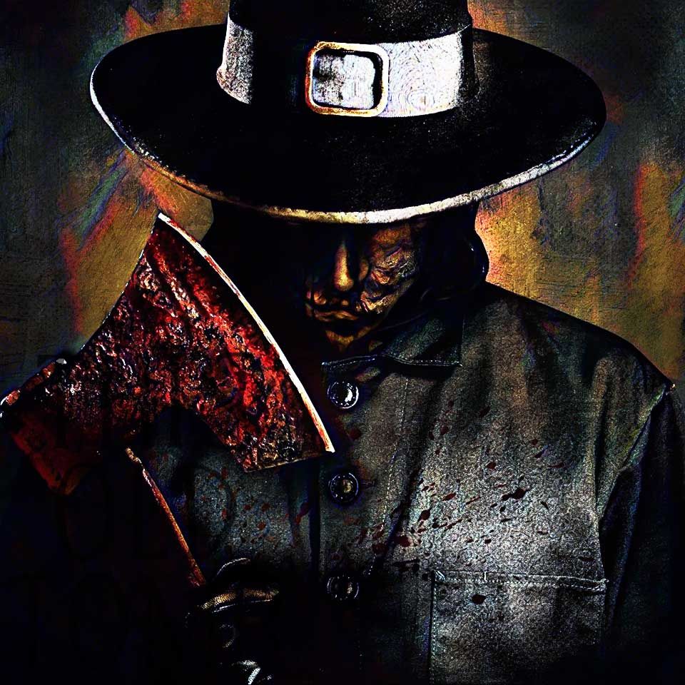 This Old Tomb art inspired by Eli Roth's Thanksgiving (2023). Someone wearing a John Carver mask with a black leather jacket, pilgrim hat and a bloody axe.