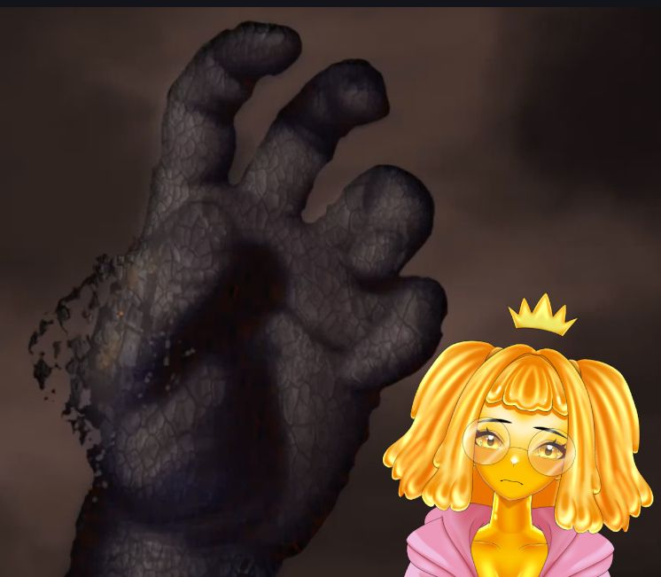 An ashen hand crumbling to dust, the Baldur's Gate Game Over screen. In front of it Nemneki, the orange slimegirl, looking distressed