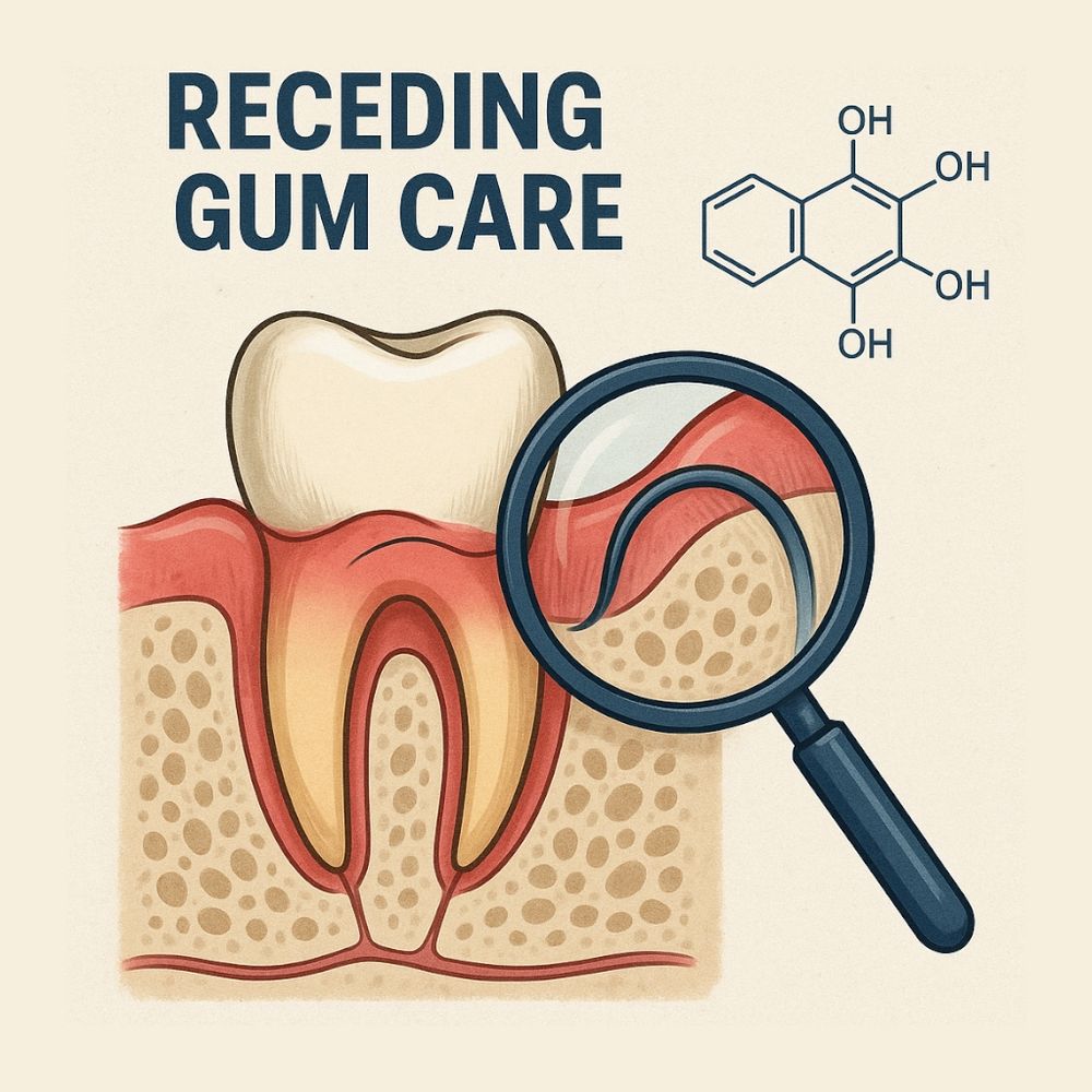 Medical-style illustration showing receding gum tissue around a tooth, highlighting exposed dentin with a magnifying glass under the title 'Receding Gum Care.'