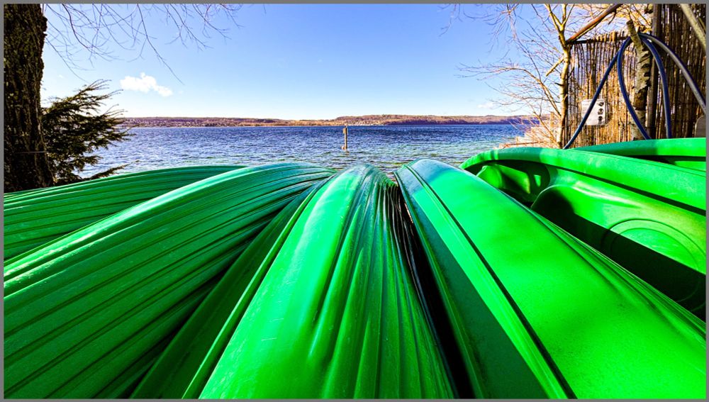 Umgedrehte grüne Ruderboote am Bodensee