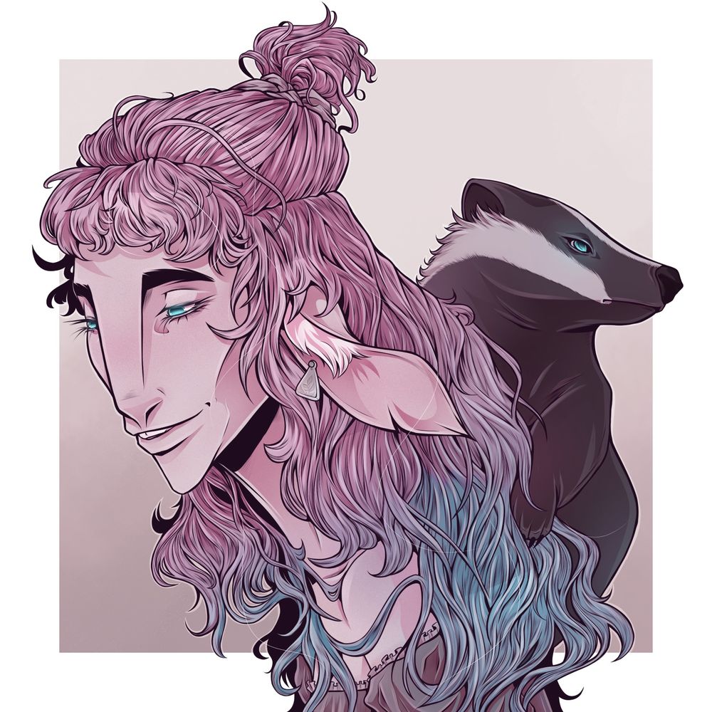 Illustration of a firbolg woman named Muuni, with her badger familiar. 