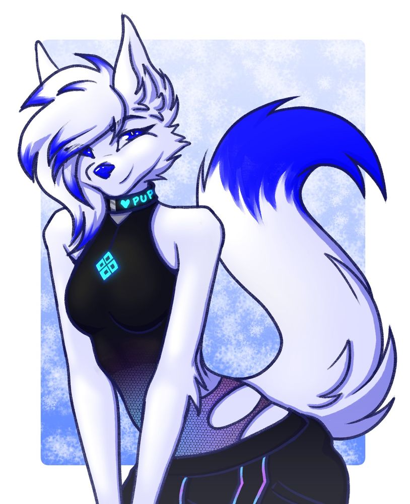 White antho wolf girl with blue highlights in her hair, blue eyes and nose, and a blue tail tip wearing black clothes. 