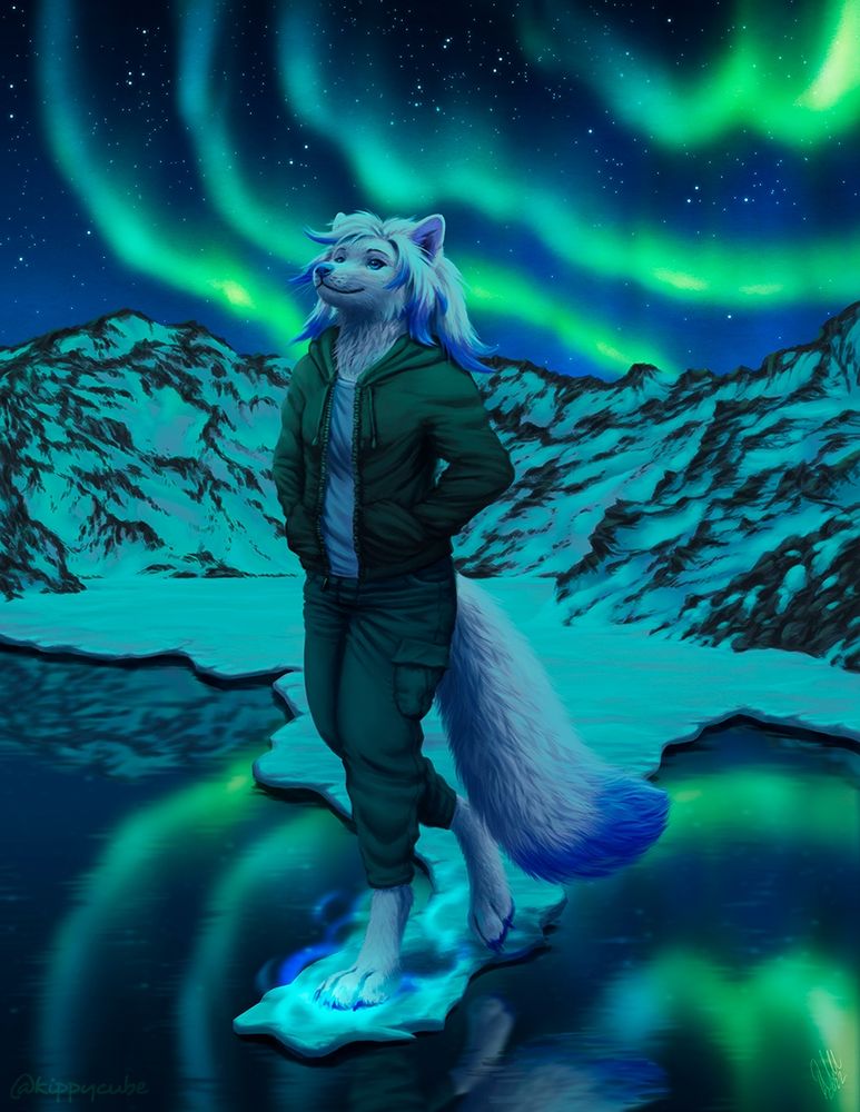White anthro wolf girl with blue highlights stares into the night sky filled with colorful lights of an Aurora Borealis. Her foot paws are forming ice over a lake with magic as she walks further out. She's wearing dark grey cargo pants, a black hoodie, and a blue t-shirt underneath it.
