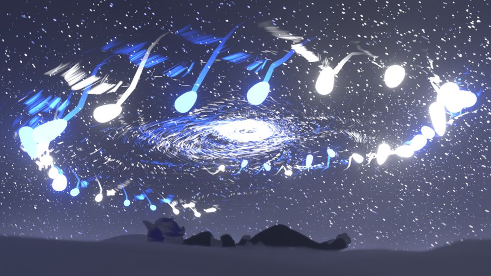 White anthropomorphic wolf girl laying in the snow as white snow and blue/white particles swirl above her like a storm.