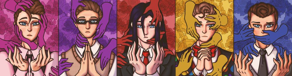 This piece shows 5 brothers liked up like individual portraits with their hands held out. All of the brothers looking similar, with short brown hair and grey-blue eyes, apart from the one in the center who has long black hair and light blue eyes. 