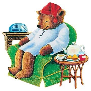 It’s the Sleepytime Tea Bear, sitting in his green chair. He’s obviously asleep, with his cute little red cap.