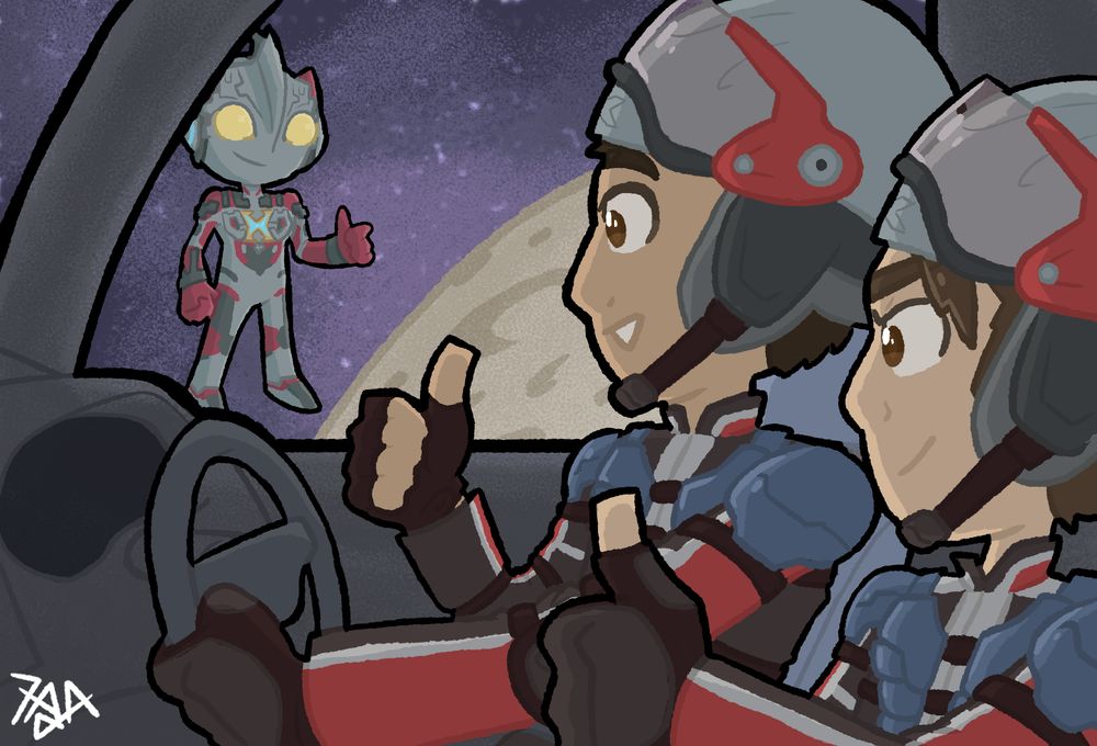 fanart for ultraman X episode 4. Hayato and Wataru are giving X a thumbs up from inside Space Musketty. X is returning the gesture.