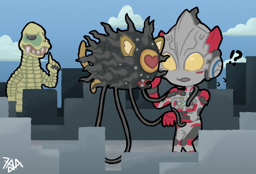 fanart of ultraman X episode 18. Mu-chan (space cat) has heart eyes while wrappign its tentacle-paws around Ultraman X. in the background, Red King raises a hand in confusion.