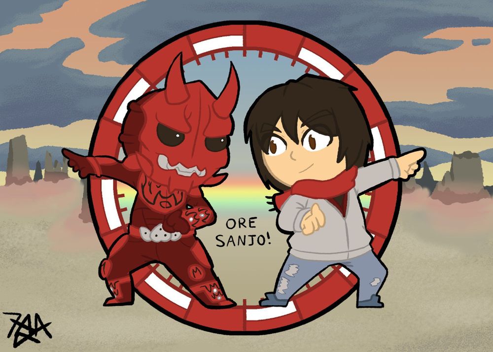 fanart of Kamen Rider Deno. features Momotaros and Ryotaro, both doing the 'ore sanjou' pose with the red clock rings from the intro in front of a irridecent desert background.