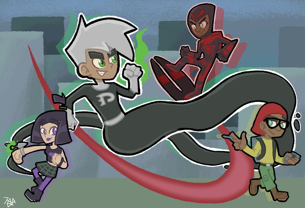 fanart for Danny Phantom. Danny and Valerie swoop around each other, while Sam and Tucker are on the sidelines. 