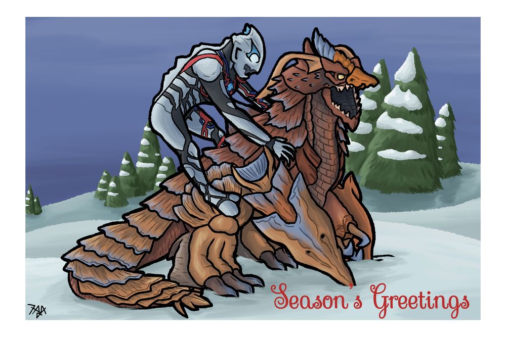 A holiday card designed to look like the "Seasons Greason's" meme, but with Ultraman Blazar. Blazar is hanging on to the back of Bazanga, both have their mouths open to scream.