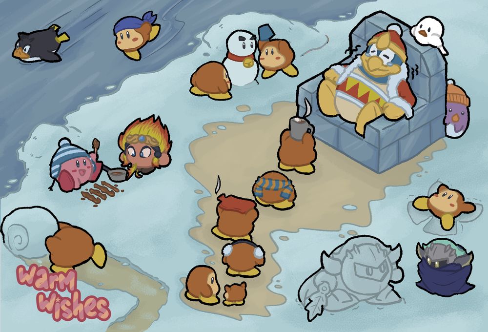 fanart for Kirby. it is a winter scene. Kirby is eating maple taffy, meta knight has made a snow sculpture of himself. there are waddle dees making snowmen, and king dedede is cold while sitting on an ice throne as a line of waddle dees forms in front of him.