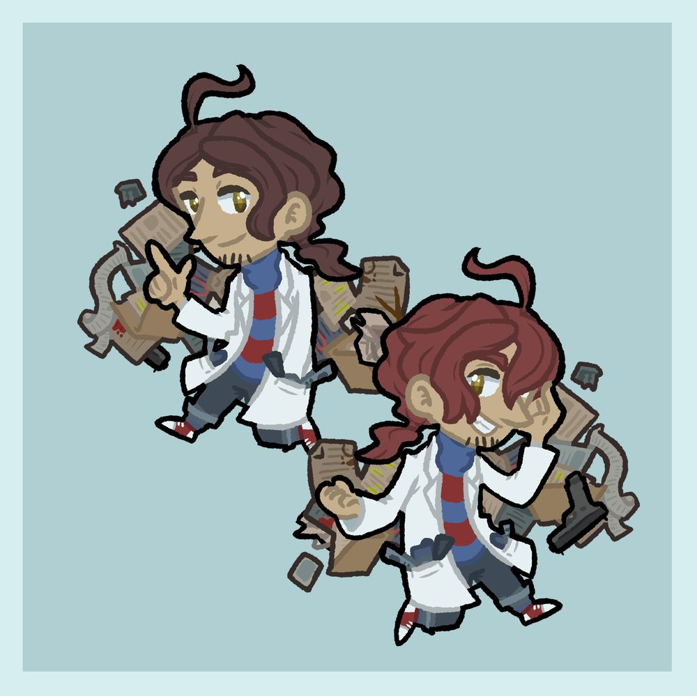 fanart for Layton Brothers: mystery room. it features Alfendi as both of his personalities; with small details changing in the background accordingly. it was designed to be an acrylic charm, so the two designs are mirror images.