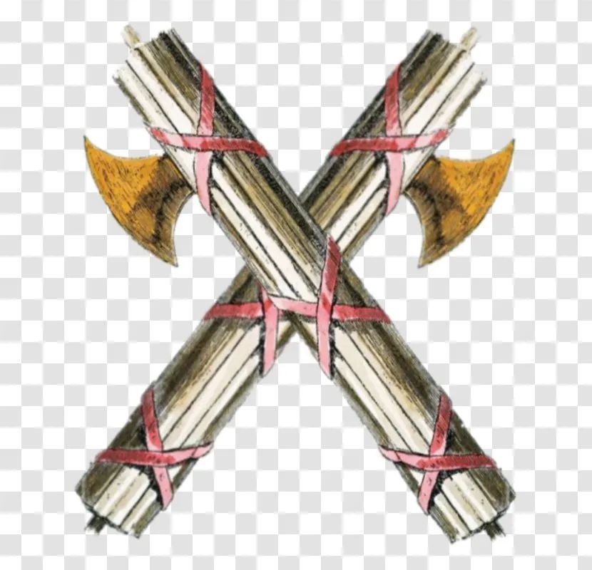 A picture of 2 fasces (axes encased in wooden rods), crossed over one another.