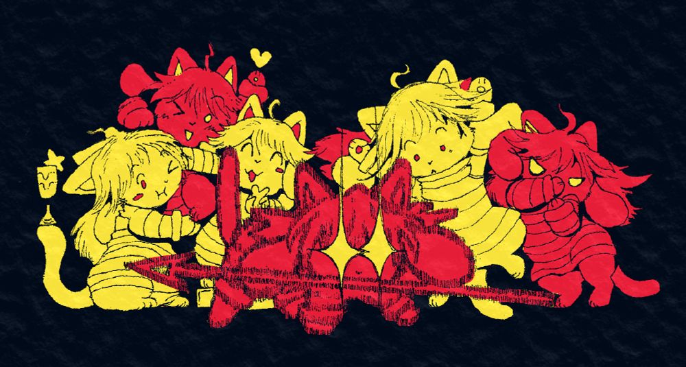 A group of 6 Temmies in various poses and expressions, some happy, surprised, sinister, and nonchalant. One Temmie in the center is blazing red with sparkling yellow eyes, standing alert. They have a spear in their mouth. The image is in bright yellows and reds on a black background.