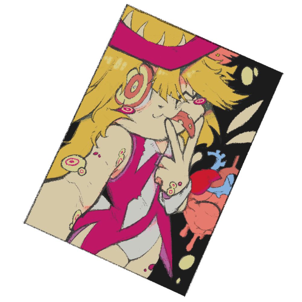 Rat God poses with a wink and a peace sign for a selfie. She appears disheveled and almost rotten, clusters of boils and holes decorate her exposed skin and tongue. Heart appears like a normal human heart, dripping at the bottom.