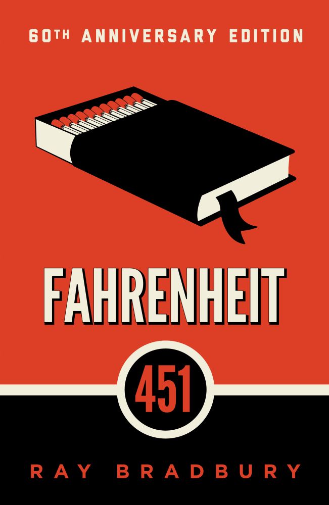 Fahrenheit 451 by Ray Bradbury
The book cover is red and black with a box shaped like a book but it opens to matches. 