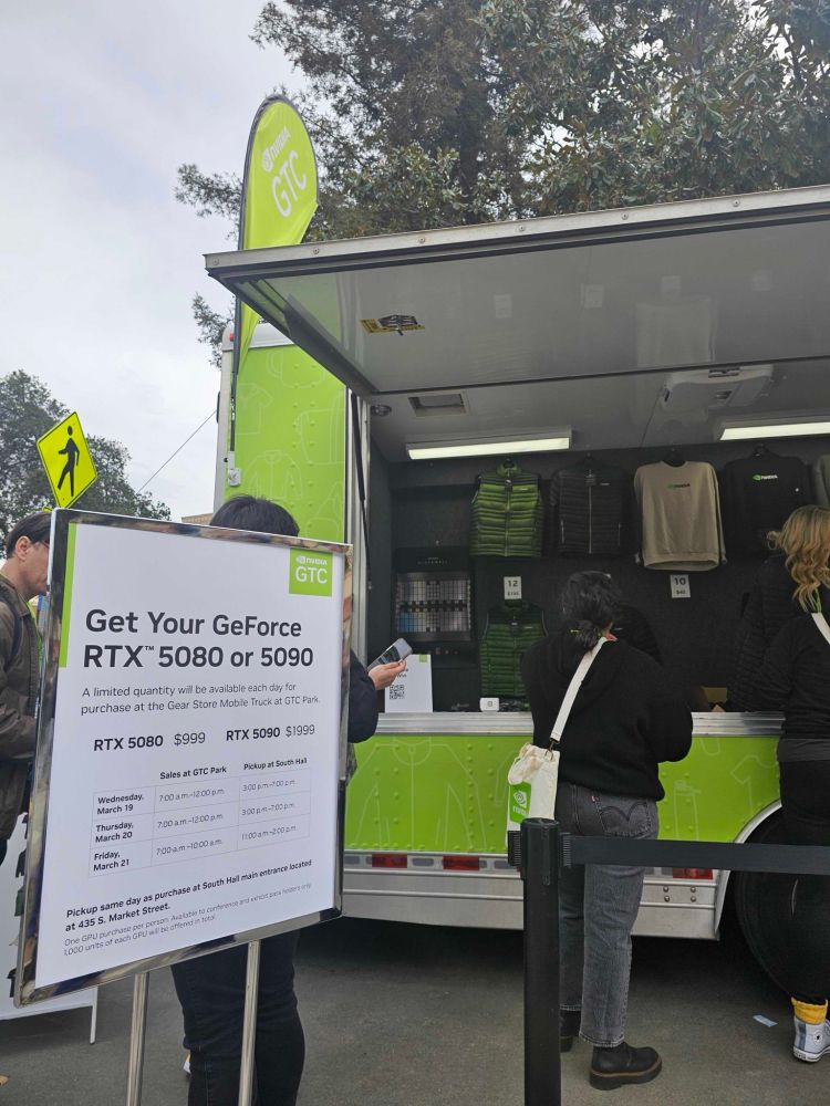 Photo showing GeForce RTX 5090s are available at the Gear Store in the park right now at #GTC25 at MSRP 
