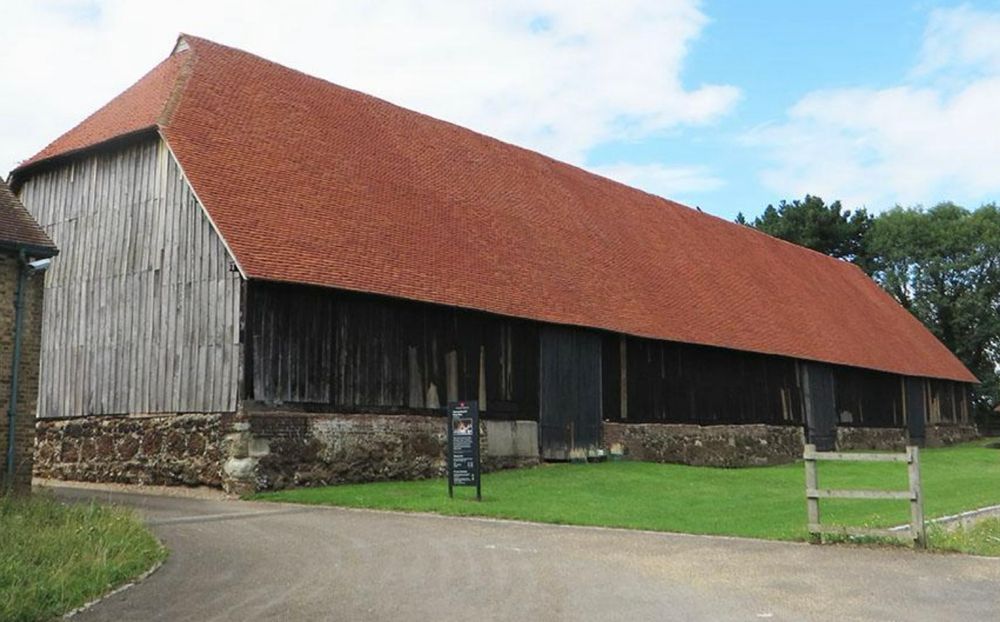 A view of the long barn at Harmondsworth which was built to store grain in the fifteenth century.