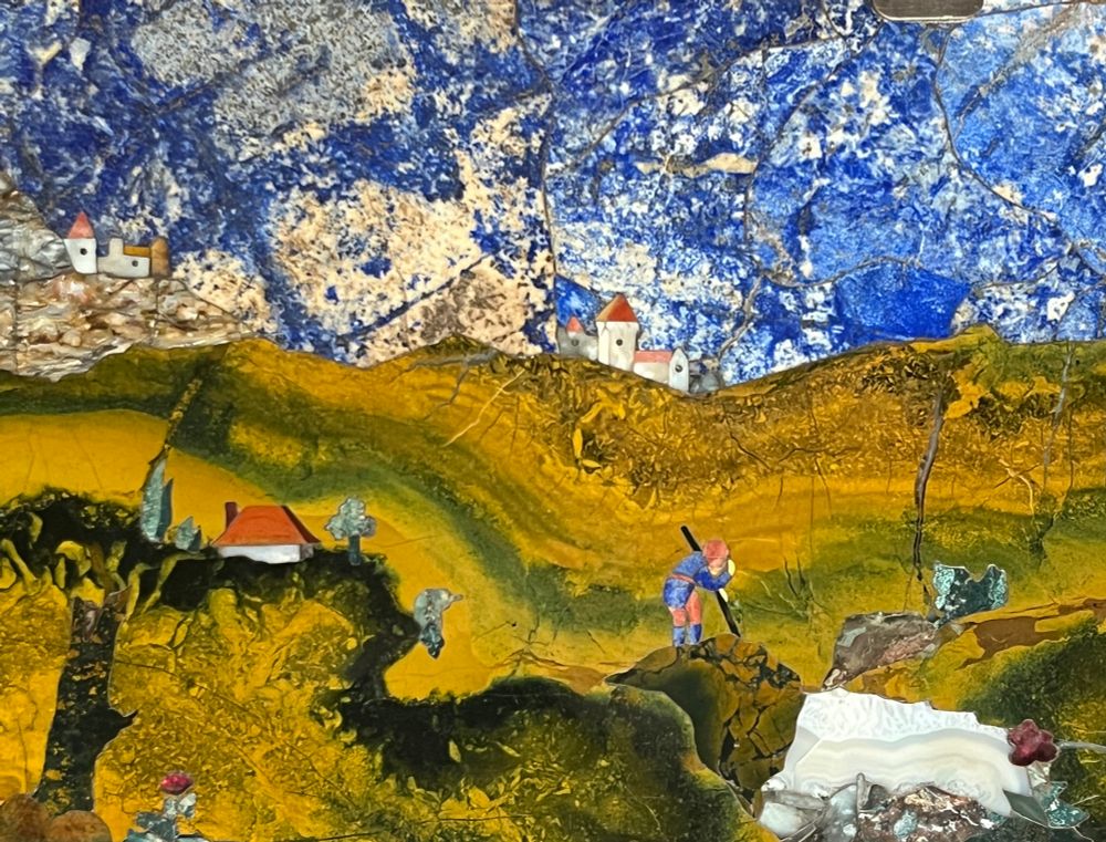 A Tuscan landscape with a cottages, farm labourers and a waterfall depicted in pietre dure using different inlaid stones - in this case mainly Sicilian Jasper and Lapis Lazuli