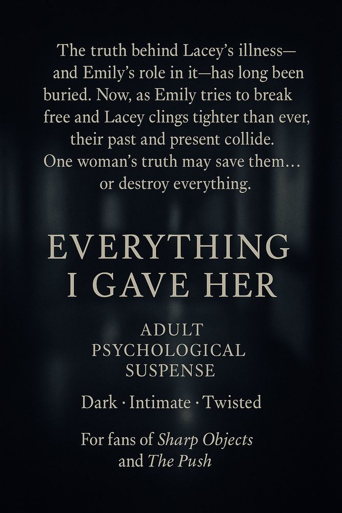 Dark back ground with text that reads: The truth behind Lacey's illness-and Emily's role in it-has long been buried. Now, as Emily tries to break free and Lacey clings tighter than ever, their past and present collide.
One woman's truth may save them... or destroy everything.
EVERYTHING I GAVE HER
ADULT
PSYCHOLOGICAL
SUSPENSE
Dark • Intimate • Twisted
For fans of Sharp Objects and The Push
