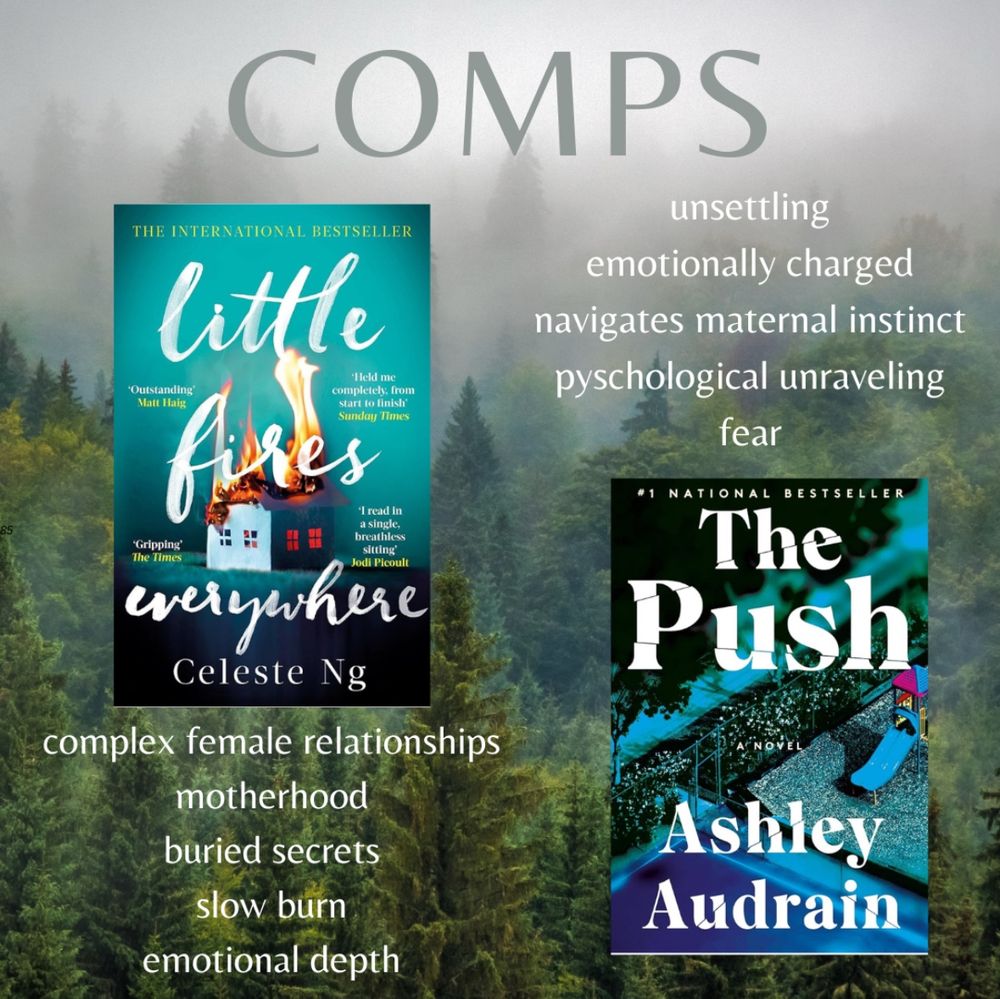 Slide 3:
Same background. Title: Comps
Left side shows the cover of Little Fires Everywhere by Celeste Ng, with the words:
“Complex female relationships
Motherhood
Buried secrets
Slow burn
Emotional depth”
Right side shows the cover of The Push by Ashley Audrain, with the words:
“Unsettling
Emotionally charged
Navigates maternal instinct
Psychological unraveling
Fear”
