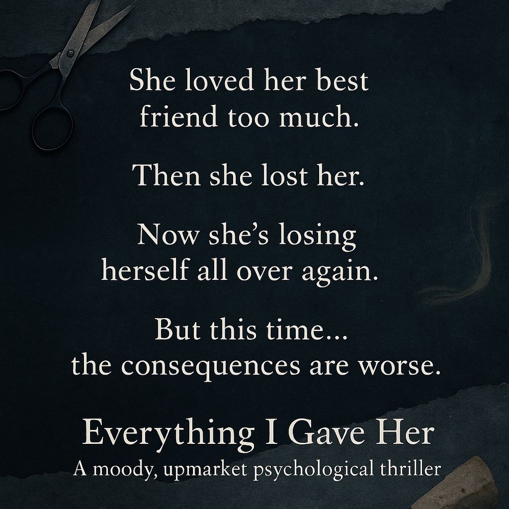 “She loved her best friend too much. Then she lost her. Now she’s losing herself all over again. But this time…the consequences are worse. Everything I Gave Her  a moody, upmarket psychological thriller.” On black background.