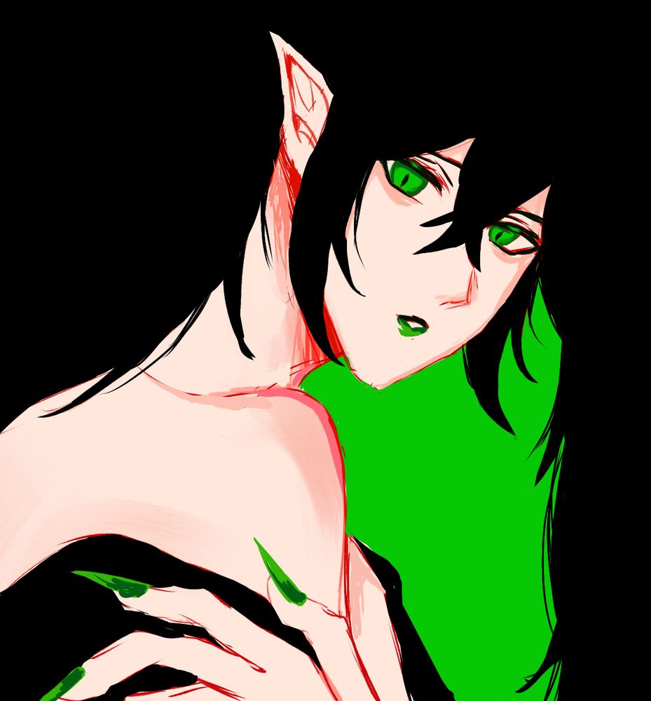 A simple drawing of Malleus, a black cloth is draped on his shoulders and his hand holds it in place. The colors are simplified with limited blending.