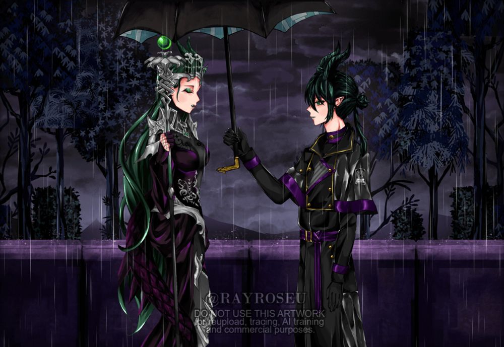 An artwork of Meleanor and Malleus. They're on the bridge of Wild Rose Castle, the sky is the same as the rainstorm that happened when she fought the Silver Owls, it is raining hard and Malleus shelters Meleanor in his umbrella, wearing his clubwear raincoat. 